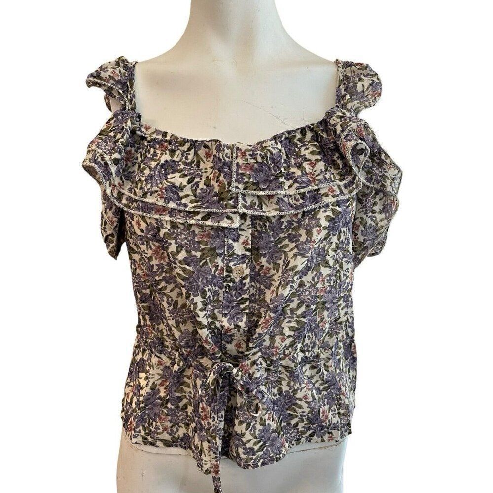 Ladies Small Purple Floral Sleeveless Blouse Smocked Ruffled Button Ties NWT